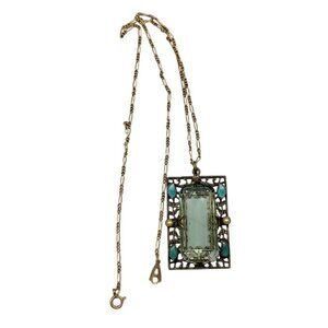 Artistry Green Glass Filigree Framed Pendant Necklace Enamel & Faux Pearl Accent